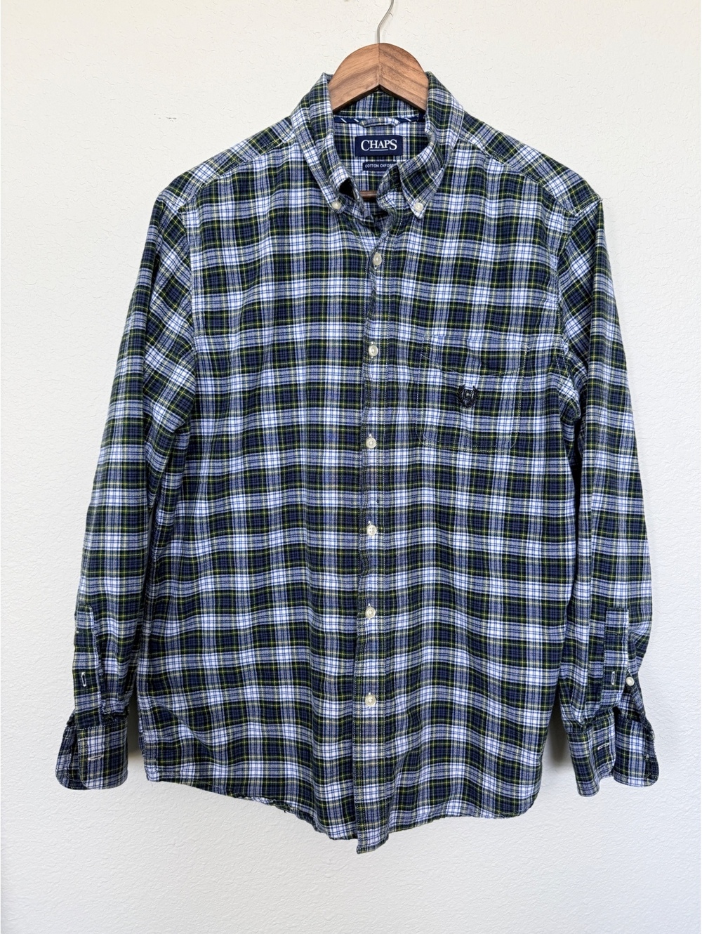 Chaps Mens Large Green Blue Plaid Cotton Oxford Button Down Shirt Long Sleeve
